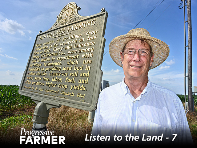 John Young stands with a historical marker highlighting his family-farm&#039;s distinction of being an early no-till adopter. (DTN/Progressive Farmer photo by Charles Johnson)